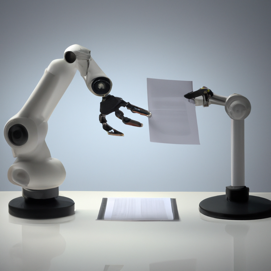 Bras robotique signant un contrat sur un bureau épuré avec documents, stylisation corporative, haute résolution